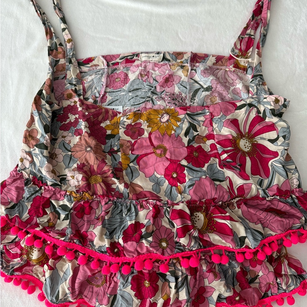 NATURAL LIFE Pink Floral Tote with Hot Pink Pom Trim